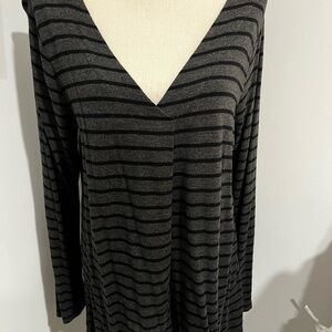 Striped V-Neck Women's Top - Black and Gray
